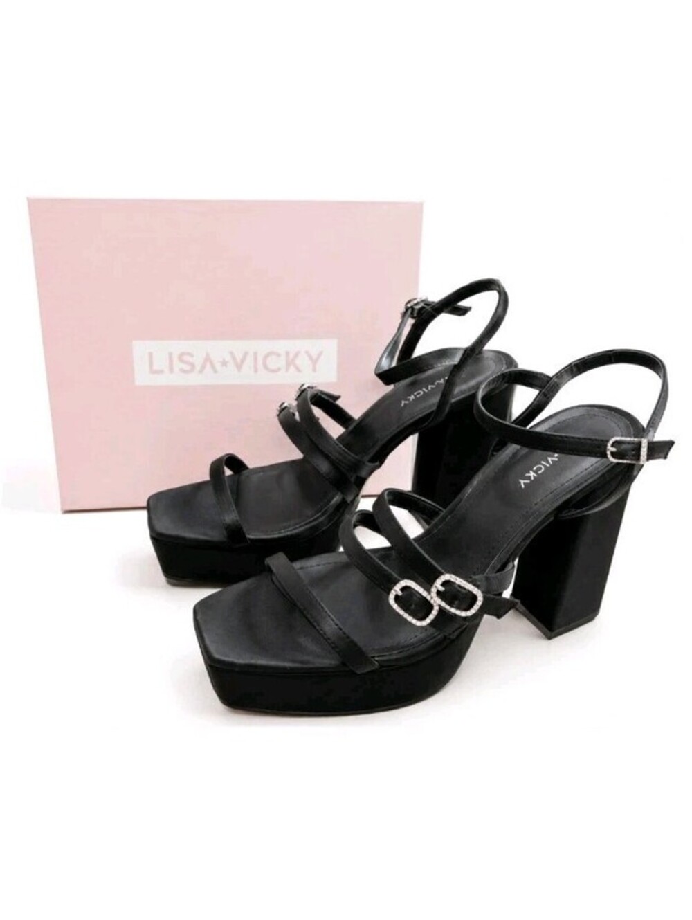 Lisa Vicky Sandals Babe-V Black Satin Strappy Platform Women Size 9.5 New!